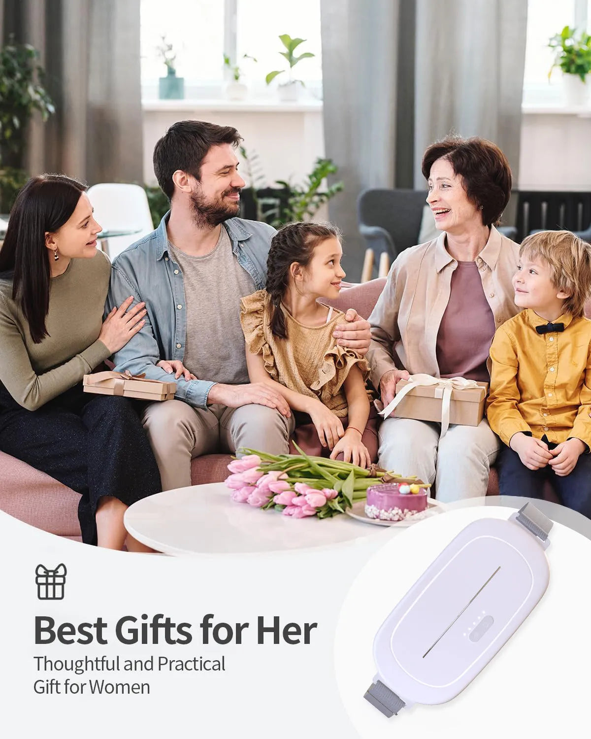 Handheld white silicone uterine warming device for menstrual pain relief with a single control button.