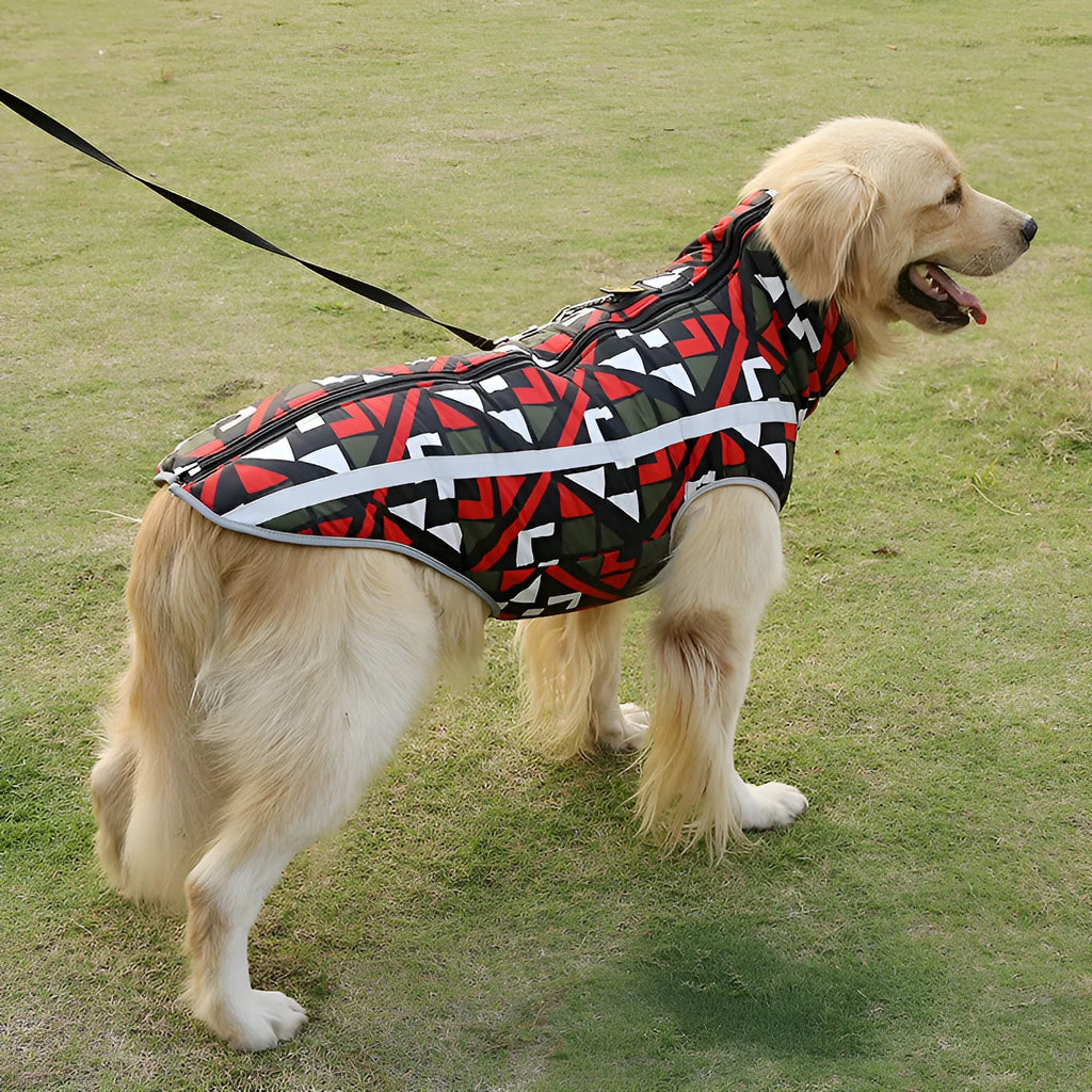 Geometric blue polyester dog coat for small to large dogs available in sizes S to 6XL.