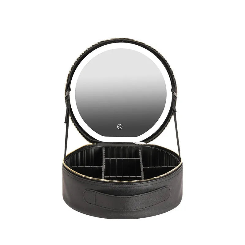 Round smart LED makeup bag with mirror lights in cherry blossom pink, PU leather, 29x28x11cm