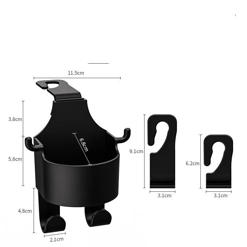Black plastic car seat back organiser with a cup holder and two hanging hooks