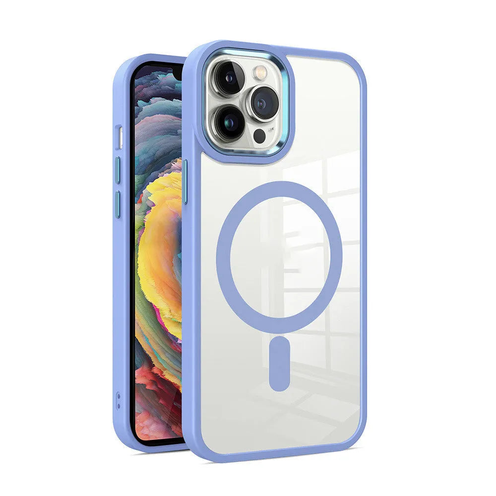 Magnetic transparent silicone phone case on an iPhone, showing colour options like green and red.