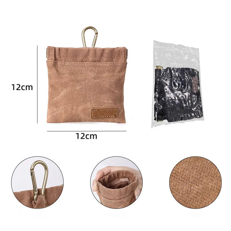 Waxed canvas pet snack bag in Khaki colour, compact treat pouch for dog training outdoors