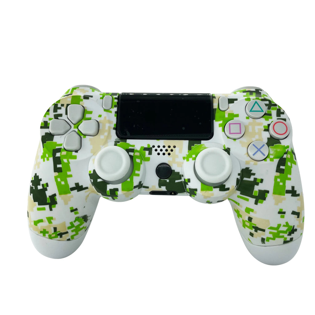 Green PS4 wireless Bluetooth controller with vibration and light bar on white background