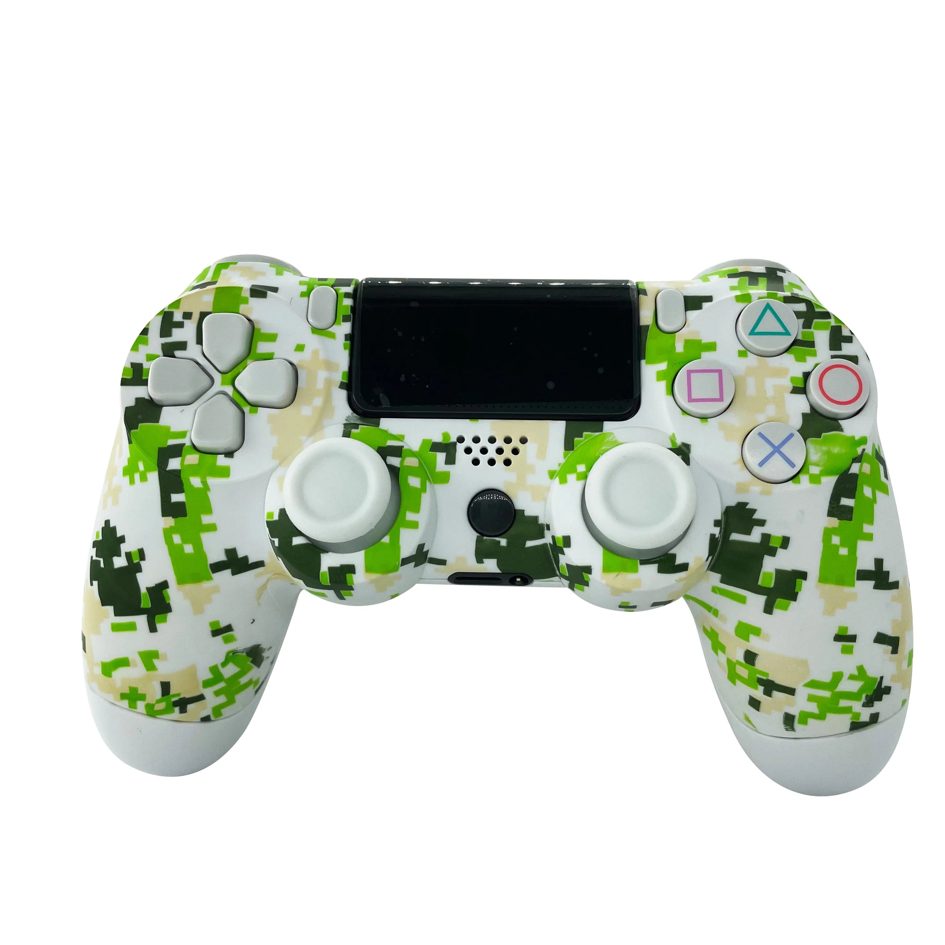 Green PS4 wireless Bluetooth controller with vibration and light bar on white background