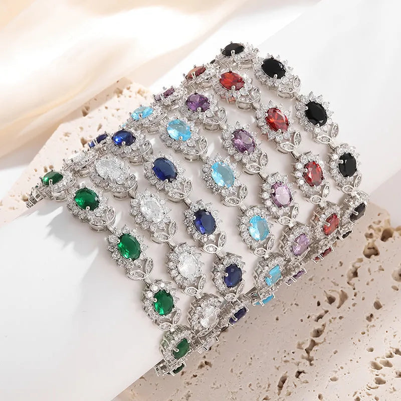 Women's simple zircon bracelet with gemstone inlay in environmental alloy, showing clasp closure and sparkling details