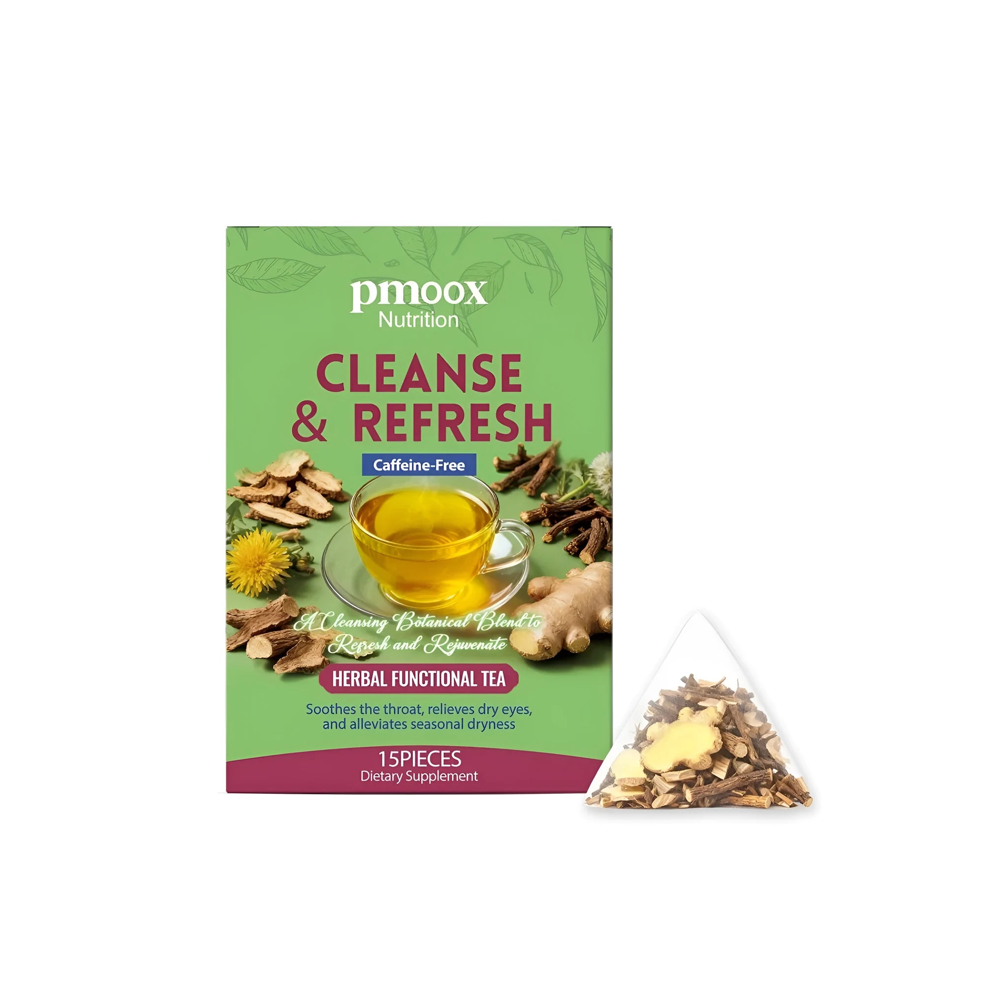Pack of 15 herbal tea sachets containing burdock root, dandelion root, and ginger for daily wellness