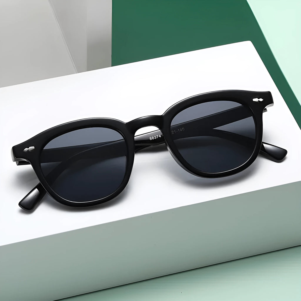 Retro beige round sunglasses with black PC frame, metal hinge, and various lens colour options