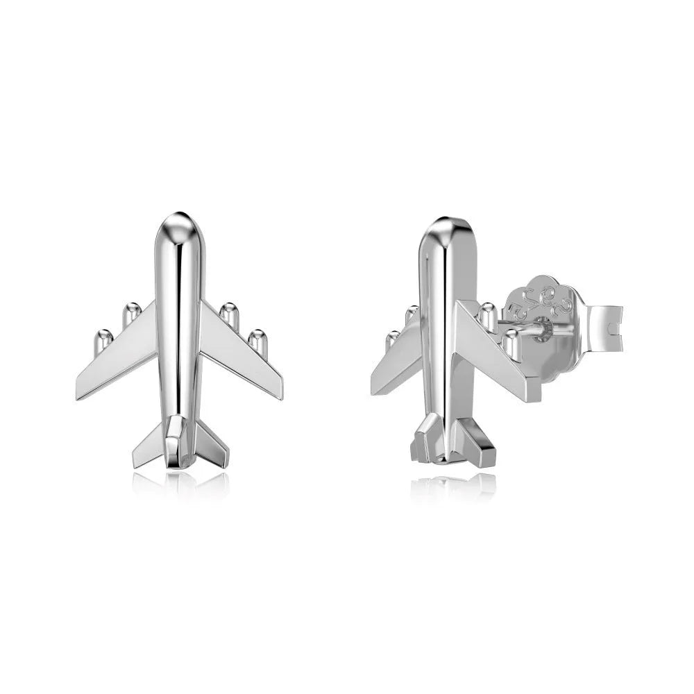 Pair of S925 sterling silver stud earrings with aircraft design in platinum finish