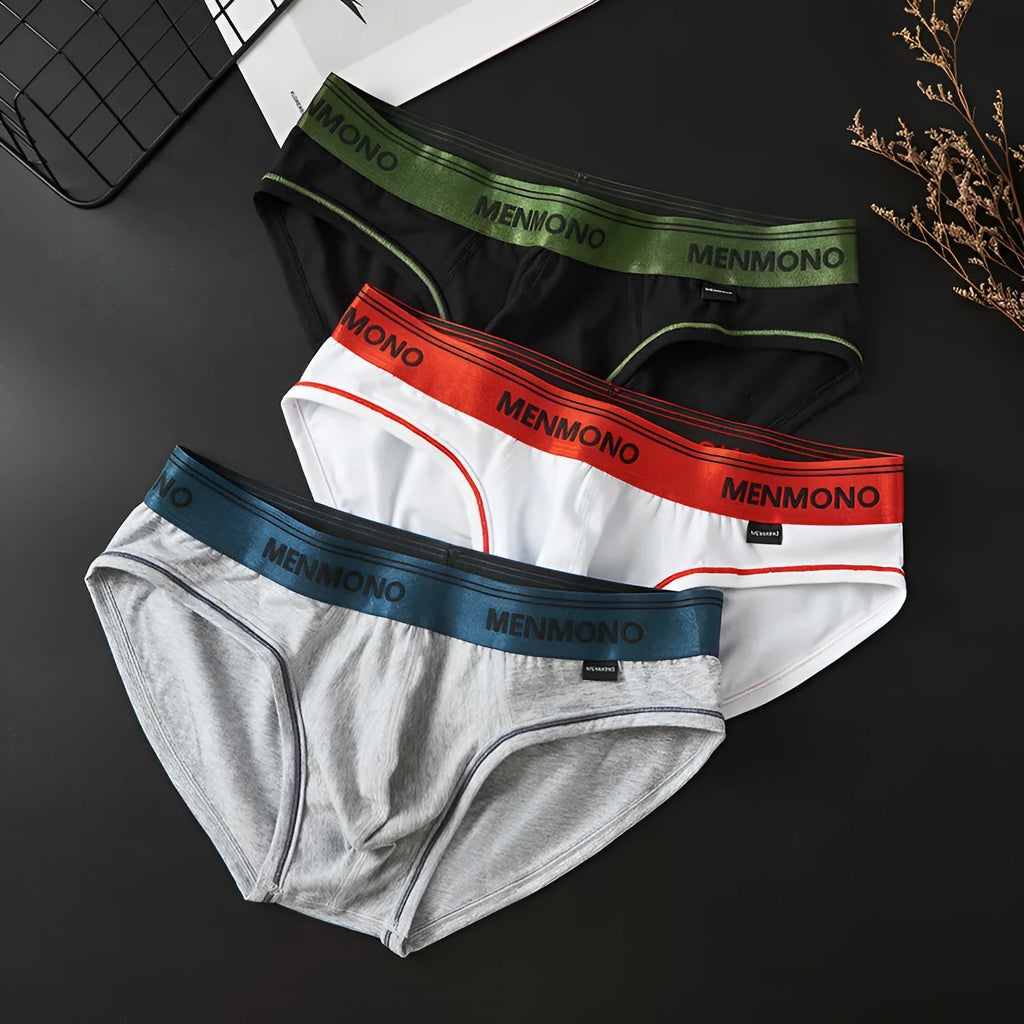 Men's low-waist cotton briefs in a colour-block design on a size chart.