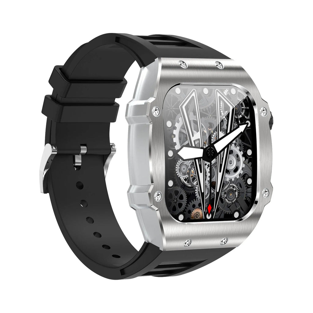 Men's smart watch with 1.91-inch IPS screen, waterproof, all-day health monitoring, white frame black strap, sitting on a table