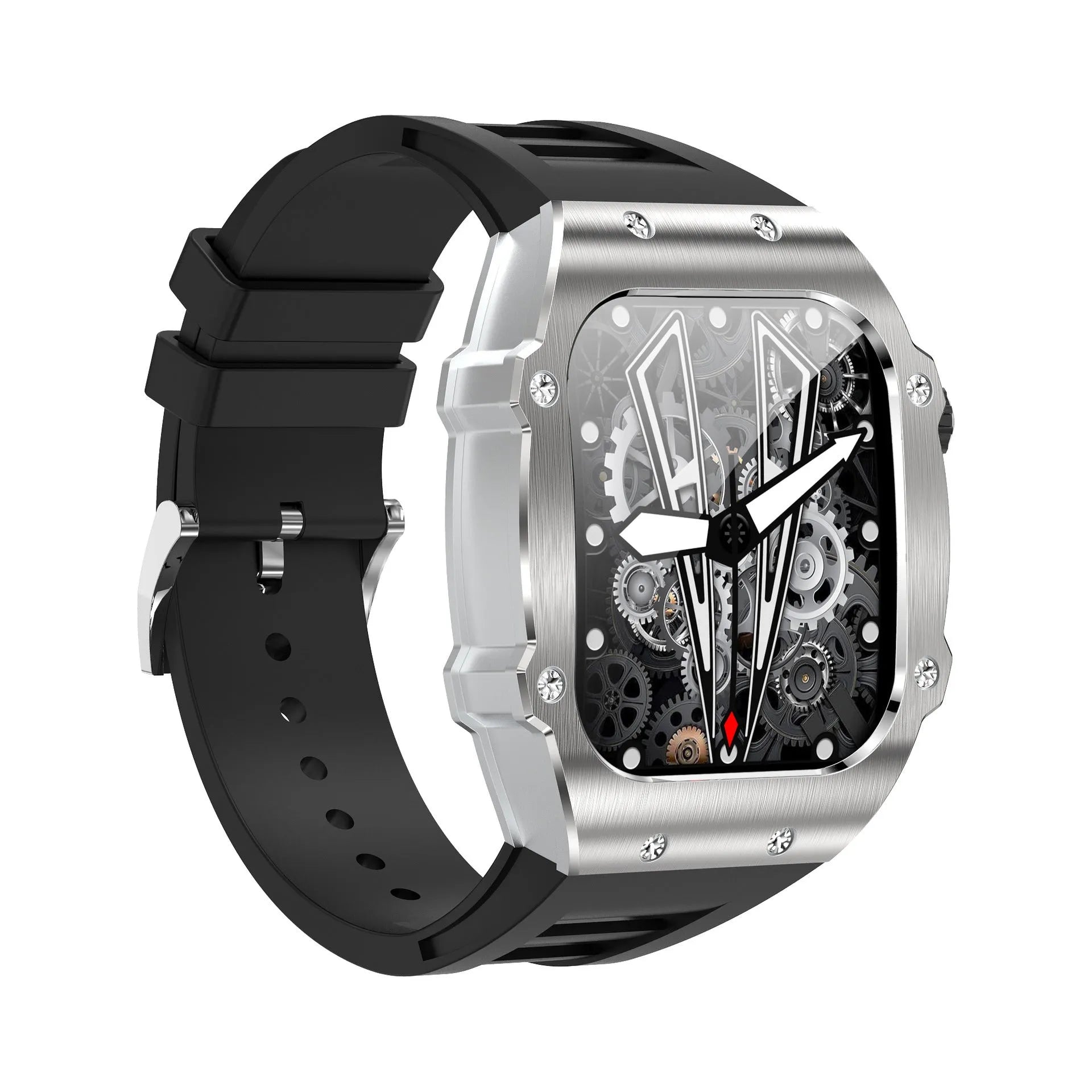 Men's smart watch with 1.91-inch IPS screen, waterproof, all-day health monitoring, white frame black strap, sitting on a table
