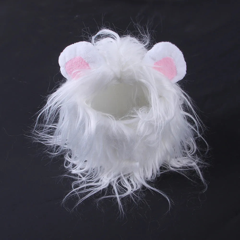 Black and white lion wig headgear for a cat, showing the soft polyester mane and elastic strap.