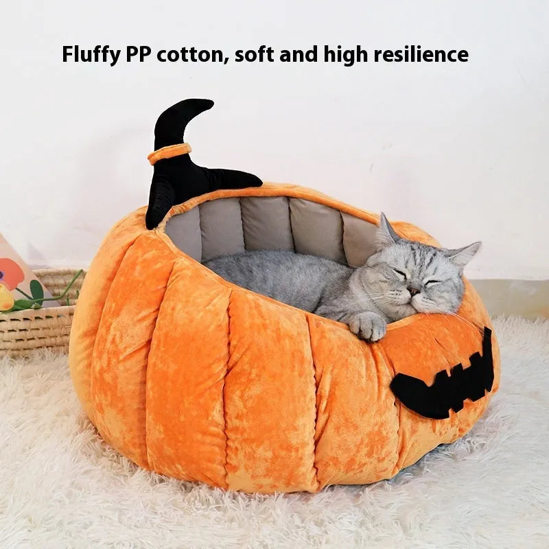 Orange and black pumpkin-shaped cloth cat bed for winter warmth and Halloween pet styling