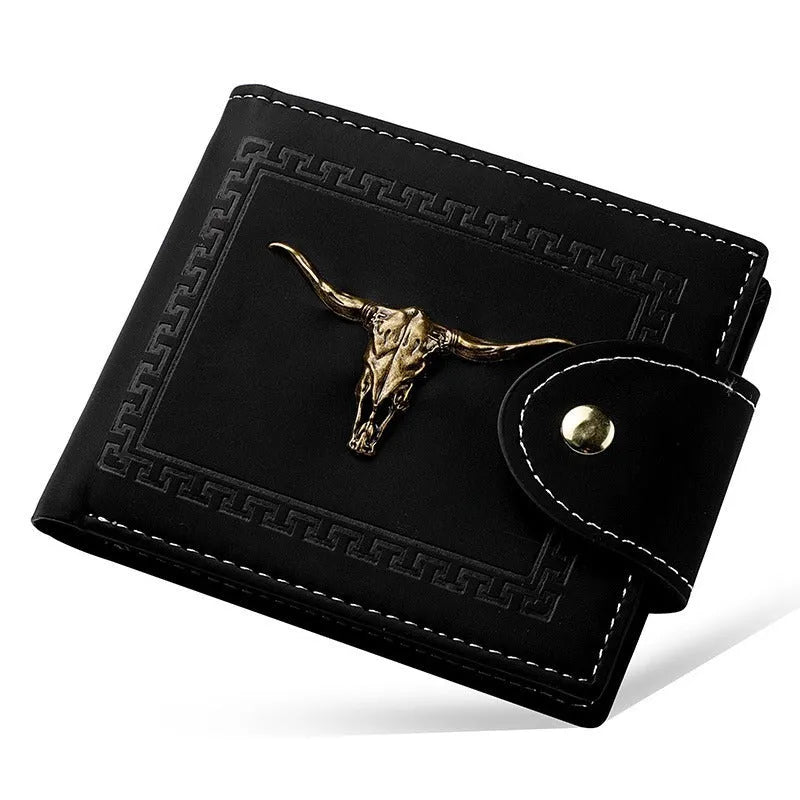 Men's black PU leather wallet with animal print pattern showing multiple card slots and zipper closure