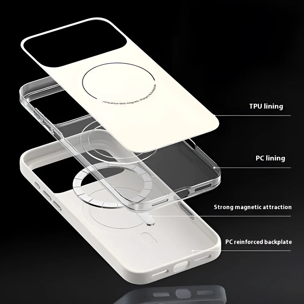 Frosted magnetic protective phone case for iPhone 17 series in matte finish showing camera button protection