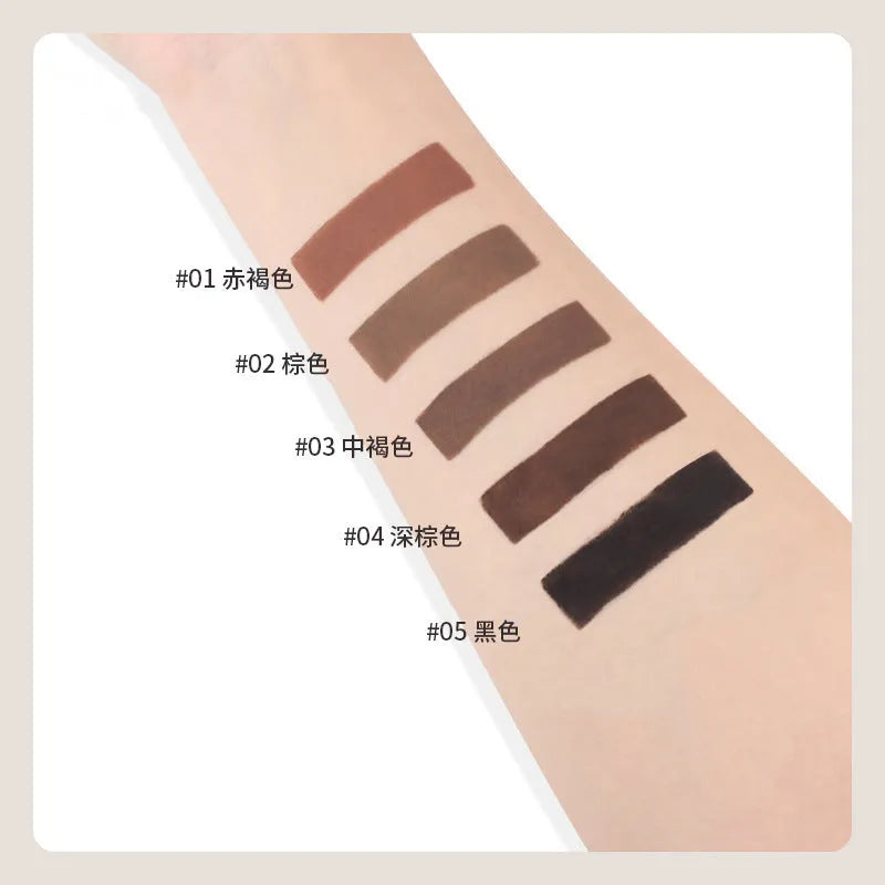 Double-headed eyebrow cream showing pencil and powder ends, displayed with five colour shades.