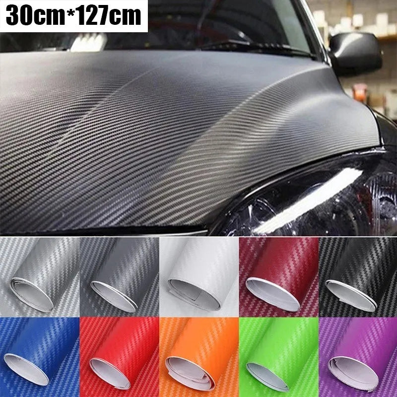 Roll of 3D carbon fibre pattern vinyl sticker for cars, showing multiple colour options.