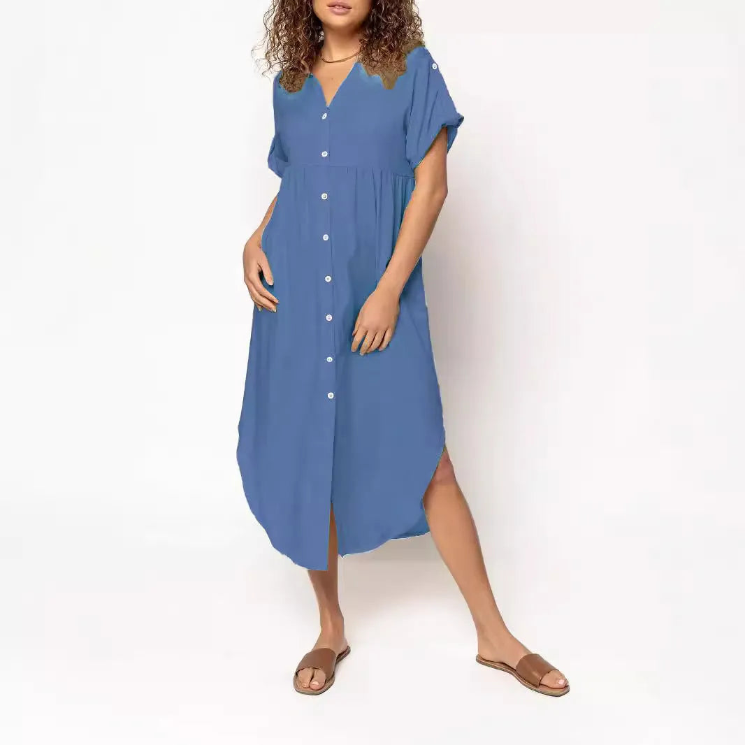 Loose-fitting casual midi dress with buttons down the front, shown in a solid colour.