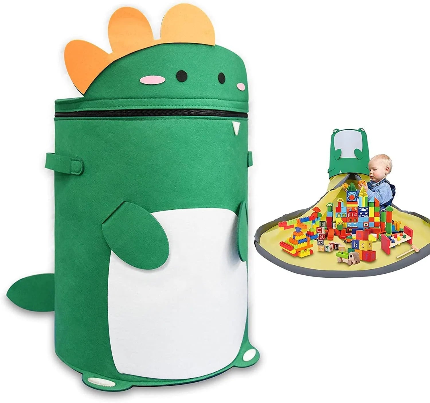 Green felt cube storage bag with pull rope, laid flat as a play mat next to toys.