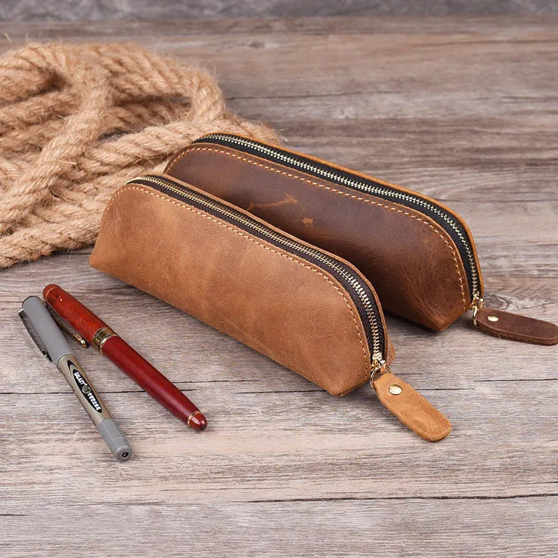 Square handmade genuine cowhide leather pencil case with zipper in black, brown, dark brown, or yellow.