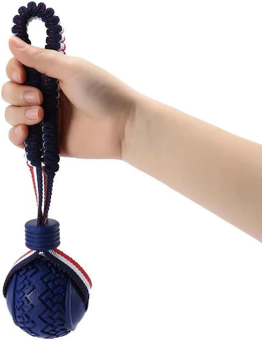Blue and red natural rubber dog ball with attached rope for tug-of-war and teeth cleaning