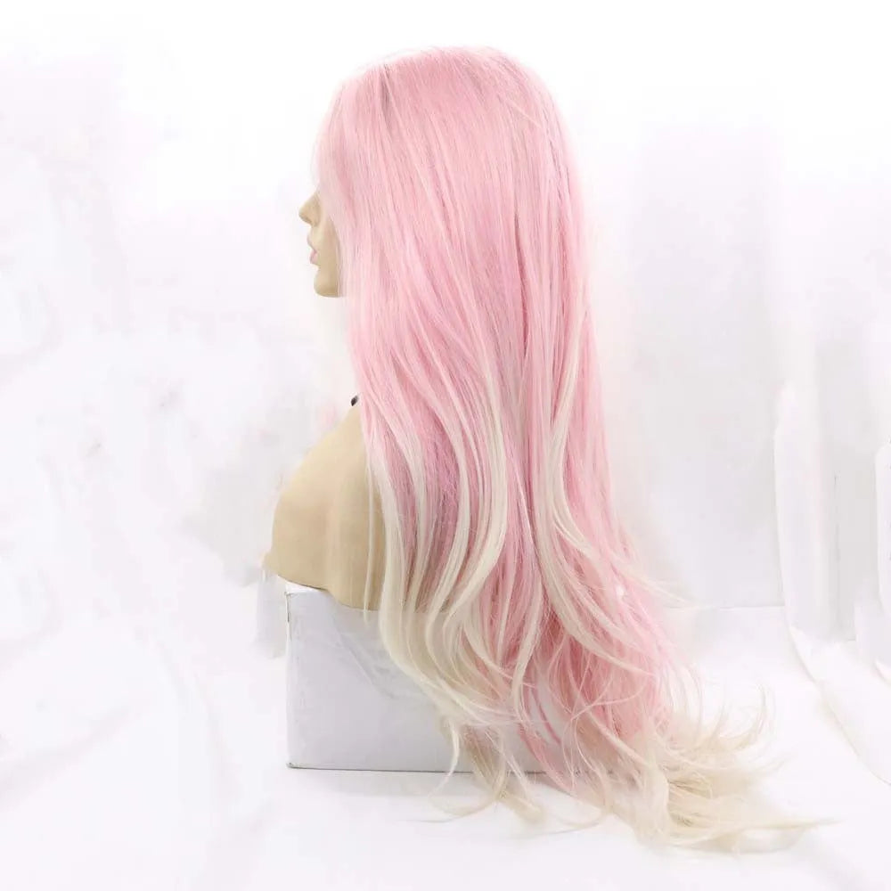 Pink gradient big wave fluffy wig on display stand showing layered synthetic hair