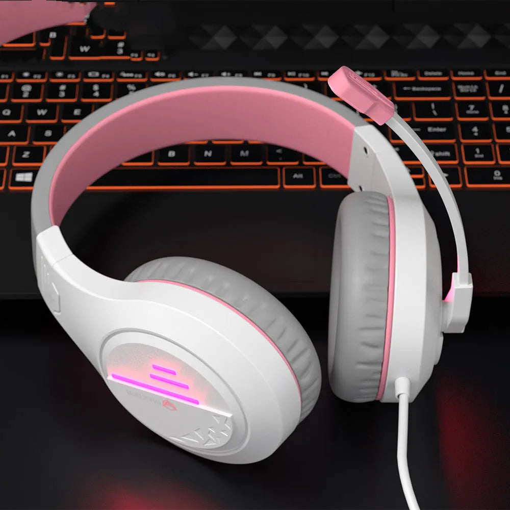 Lightweight backlit stereo gaming headset in black orange, white orange or white powder with adjustable headband