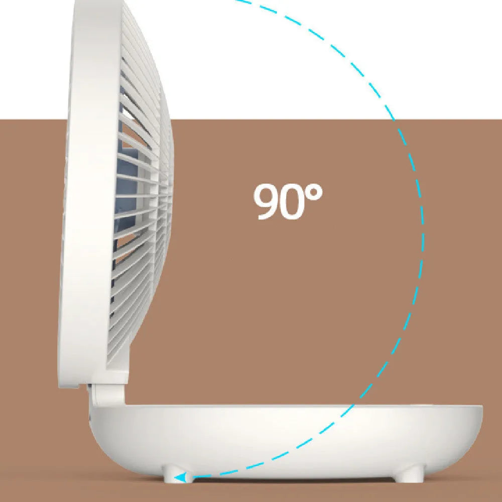 Folding wall mounted small fan in white with USB power cord and nail-free hook, ABS construction, brushless motor