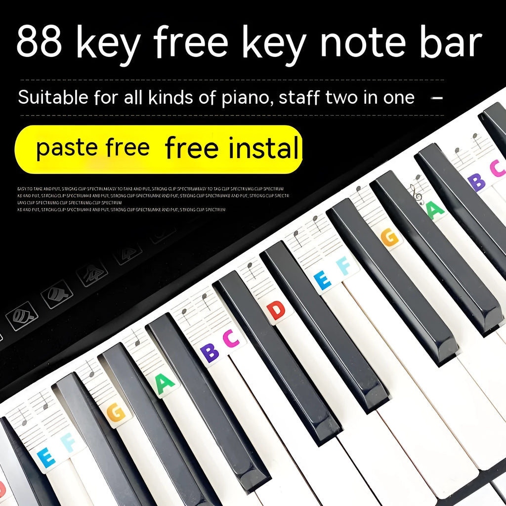 Piano keyboard note stickers set showing colour-coded bars and black note markers for 88-key learning