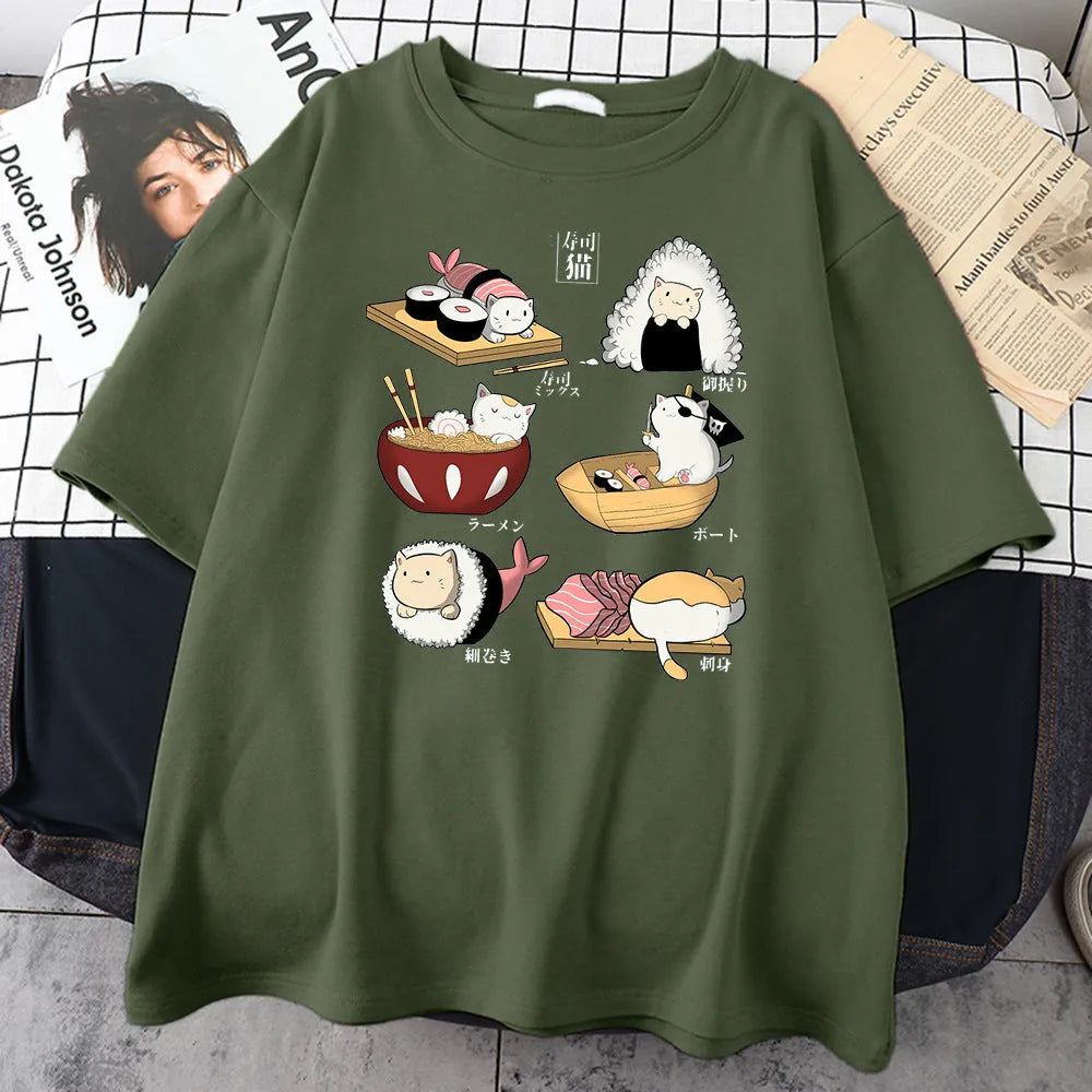 Man wearing a black loose-fit cotton T-shirt with a cartoon graphic of a cat shaped like sushi.