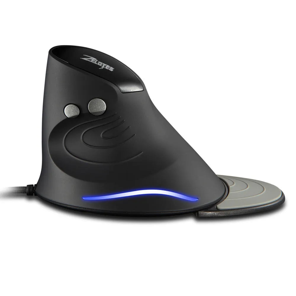 Wired ergonomic vertical snail-type mouse in black with 1.8m cable and 6 buttons