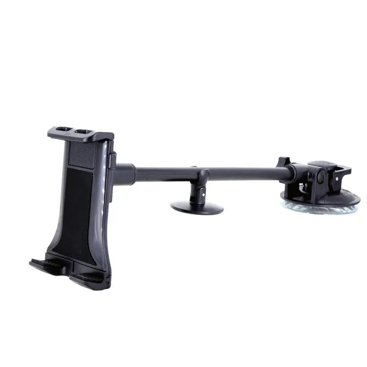 Black universal vehicle-mounted tablet and phone holder with suction cup on a car dashboard