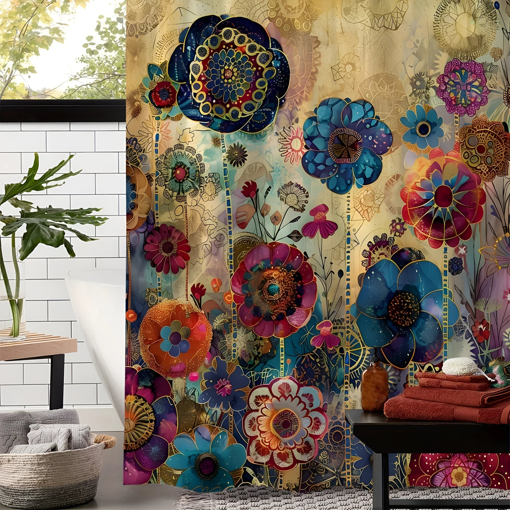 Retro creative flower waterproof polyester shower curtain with 12 hooks, available 90x180cm to 230x180cm.