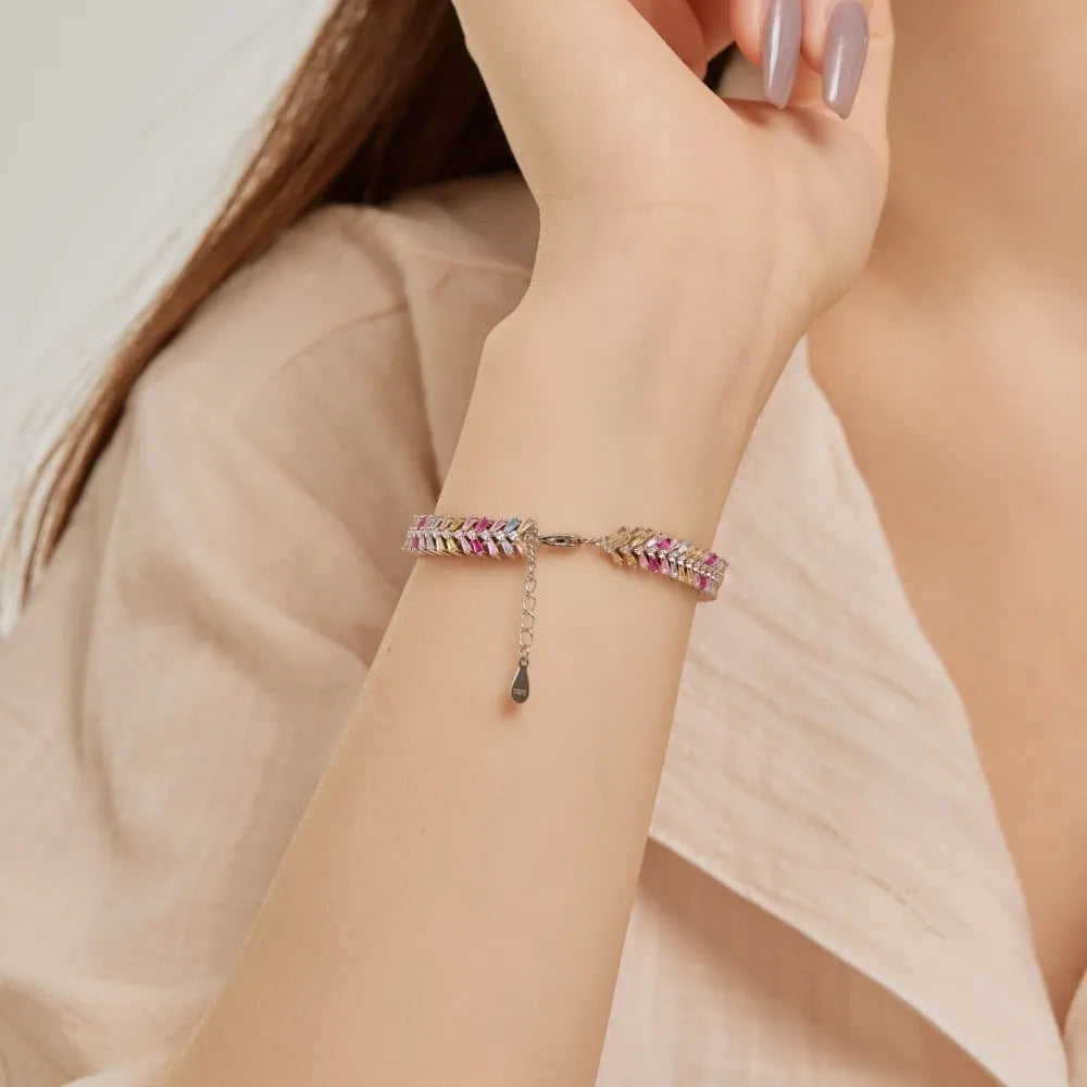 S925 sterling silver women's bracelet platinum colour with zirconium accents geometric round ring style 16cm size