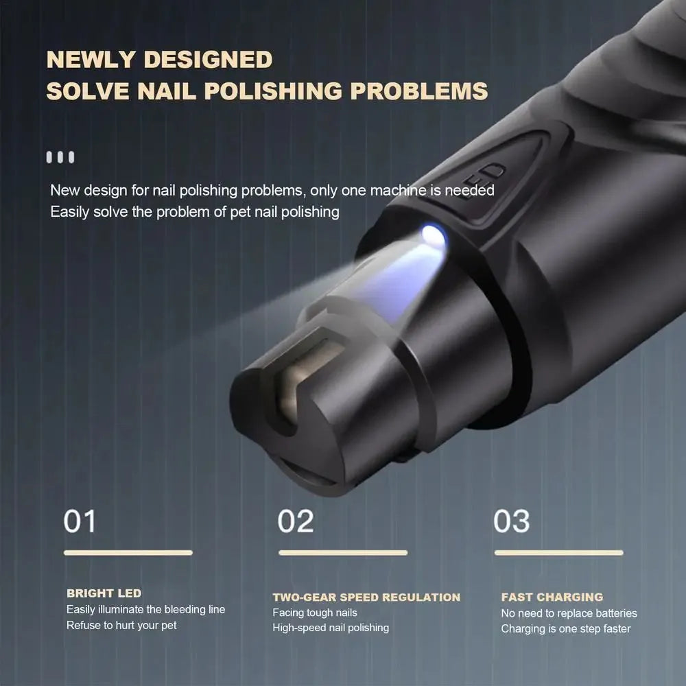 Lighted dog nail grinder with LED, two-speed rechargeable, black ABS, 14.5 cm length