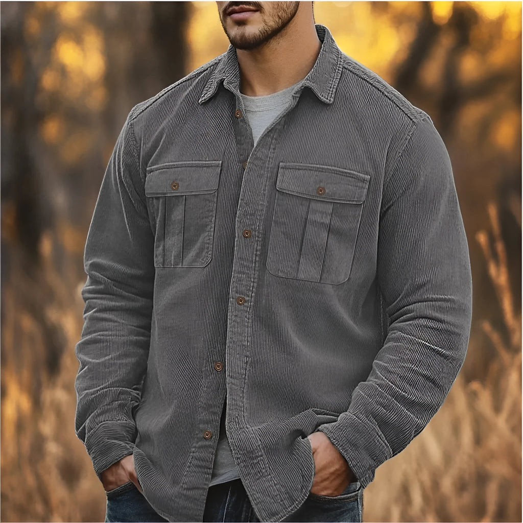 Men's casual corduroy shirt in Japanese retro style with long sleeves and loose fit