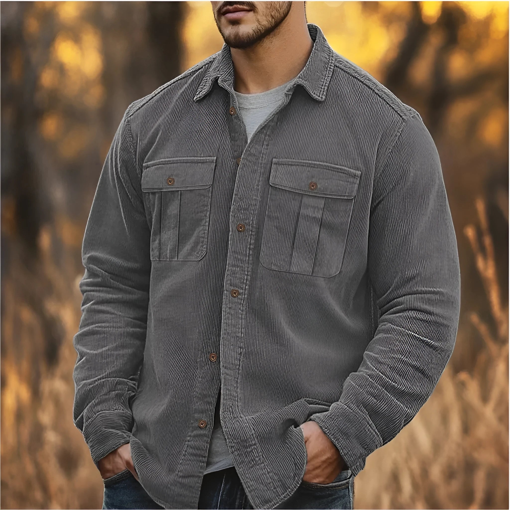 Men's casual corduroy shirt in Japanese retro style with long sleeves and loose fit