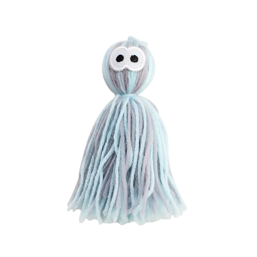 Wool cat ball toy with teaser stick attachment in blue-grey colour variation