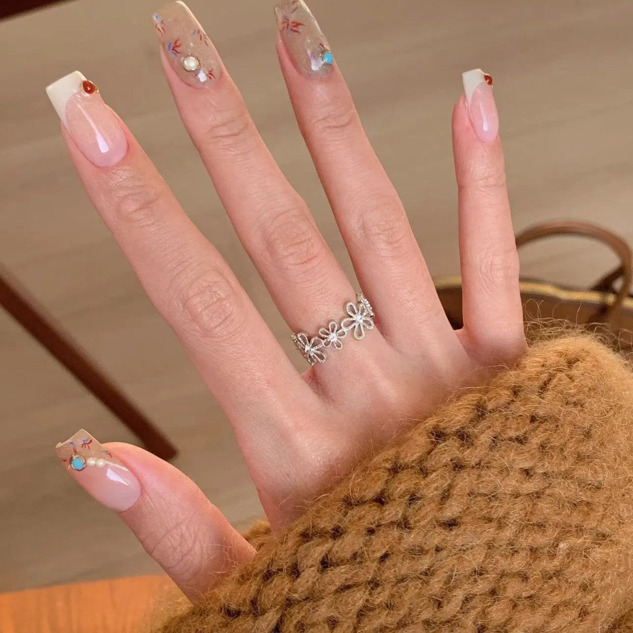 Lace hollow five petal flower ring on finger, copper electroplated finish, flower and geometric shape, women's Japan Korea style accessory