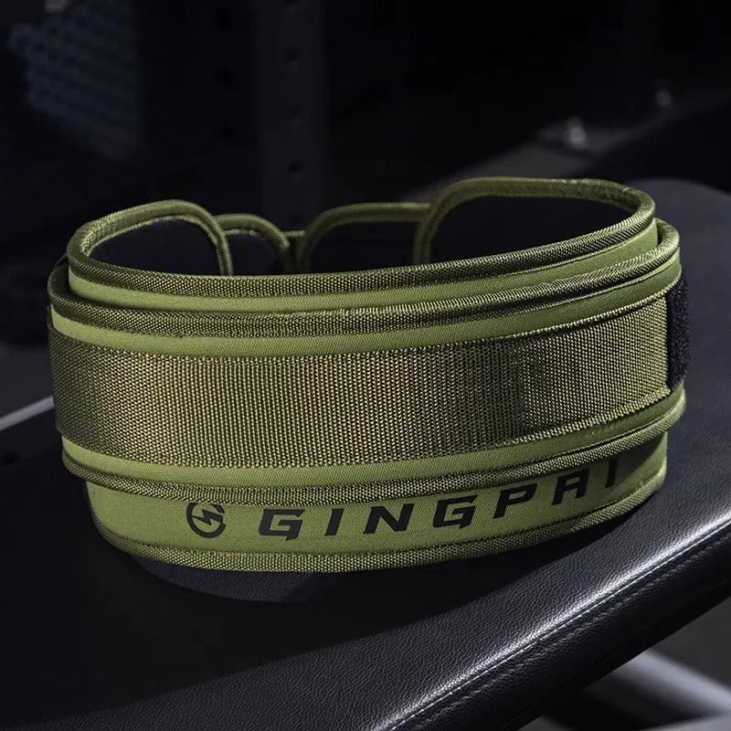 Army Green abdominal exercising and lumbar support belt for weightlifting, shown in size L.