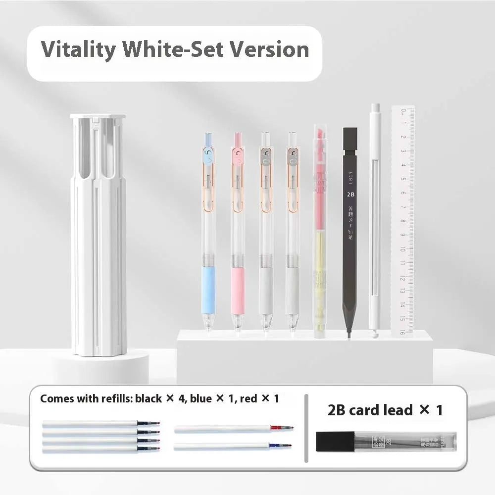 Plastic six pen pencil case kit with pressing pen in sky blue, white, or pink.