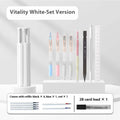 Plastic six pen pencil case kit with pressing pen in sky blue, white, or pink.