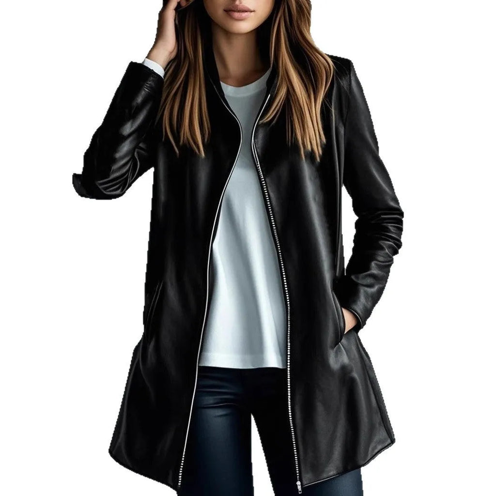 Women's black leather jacket with medium length and long sleeves for casual wear