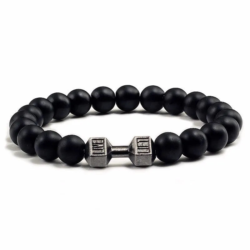 Natural volcanic stone beads bracelet black lava unisex electroplated black matte gold dumbbell detail