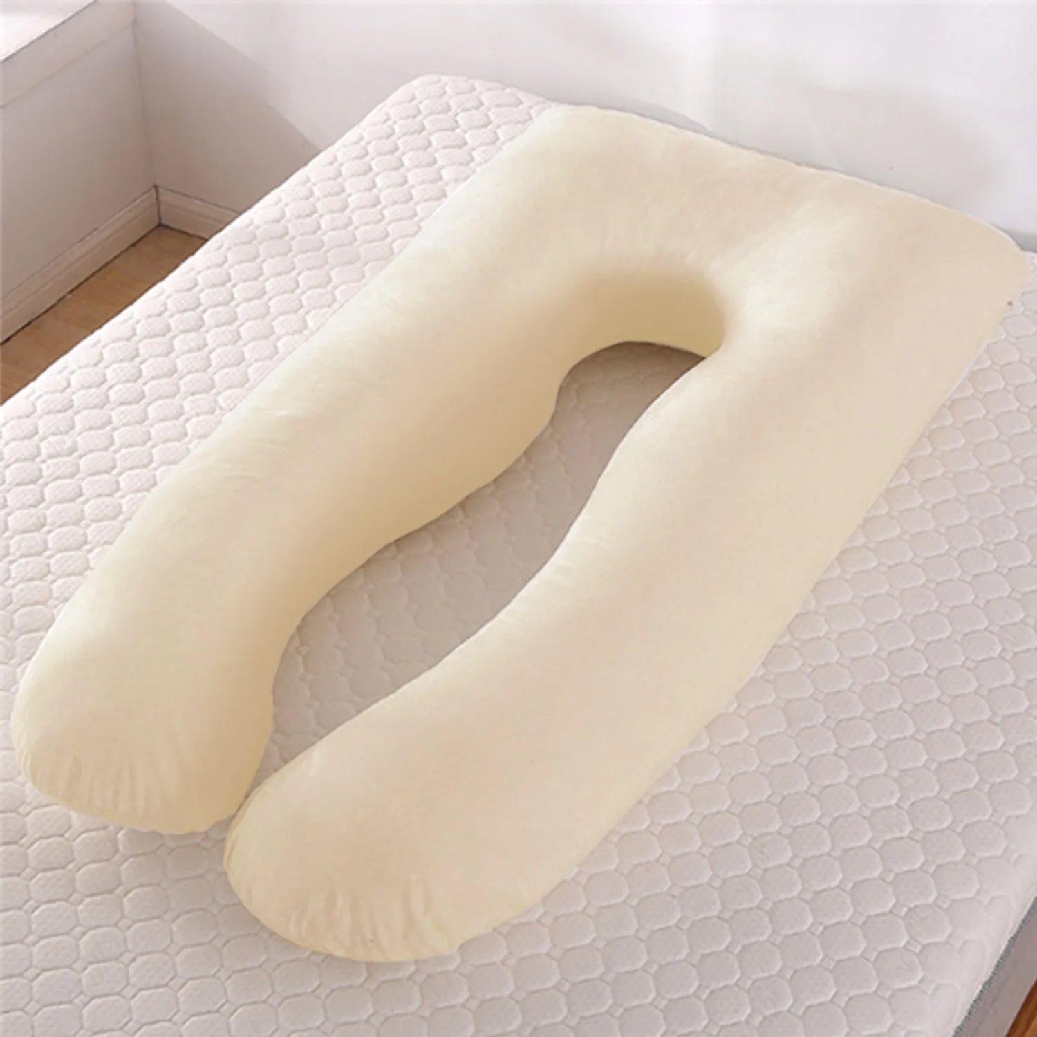 U-shaped maternity pillow in ice silk fabric for pregnancy support, shown in light blue colour.