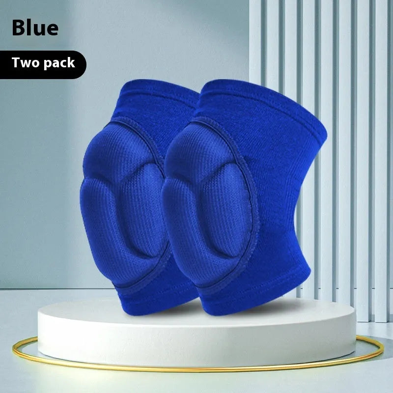 A pair of black breathable knee pads with thick sponge padding and adjustable straps for sports protection.