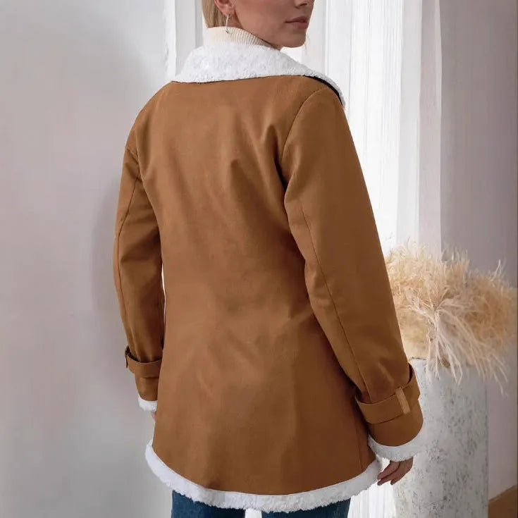 Women's light brown suede lapel mid-length jacket with pockets, loose fit, on hanger