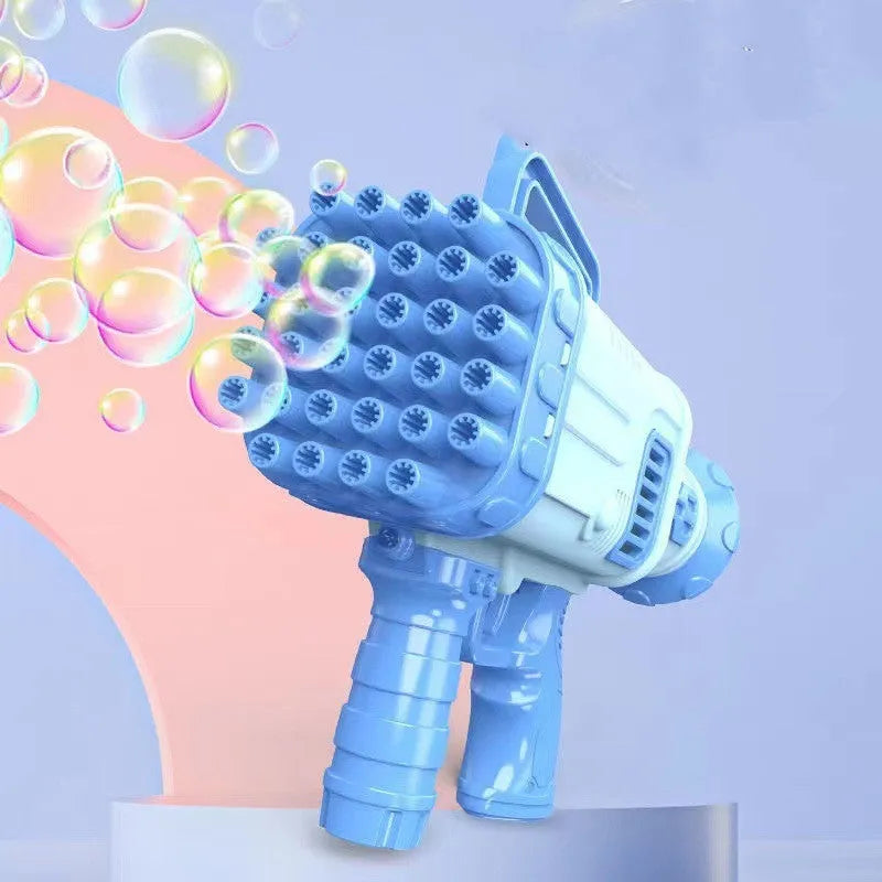 Sky blue electric Gatling bubble machine gun for children with 32 holes and light effects.