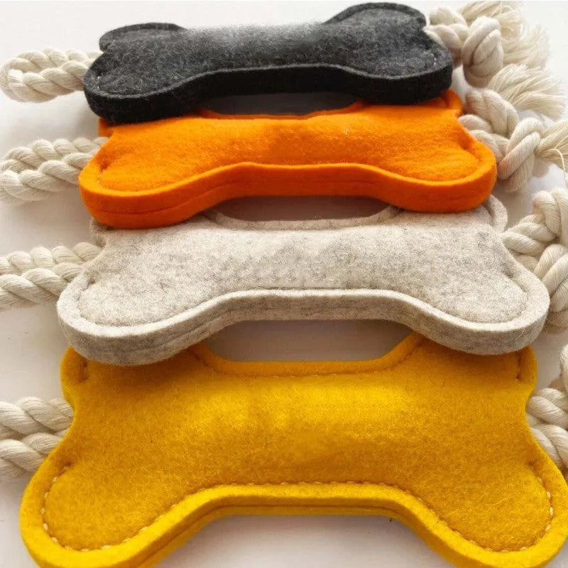 Bone-shaped dog training rope toy with knot construction in felt fabric