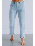 Women's solid blue cotton denim jeans with a hand-worn distressed texture on a hanger.